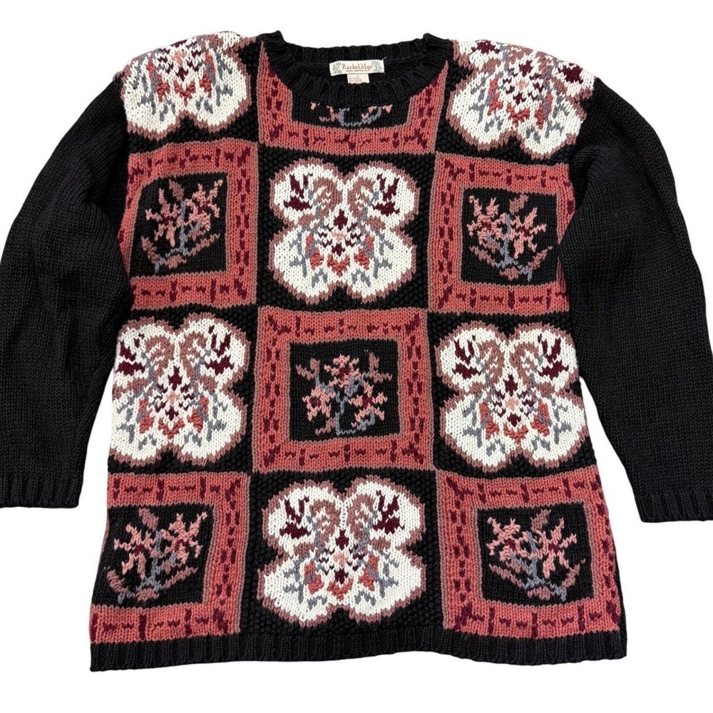 Rachel Max Sweater Black Grandmacore Patchwork Intarsia‎ Knit Cottagecore Large